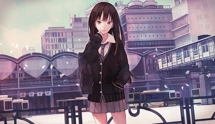 жена аниме герой в черна училищна униформа, аниме момичета, Shibuya Rin, училищна униформа, ученичка, HD тапет